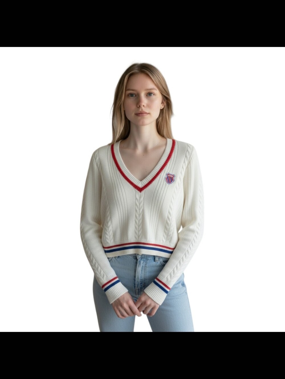 KswissxForever 21 Cropped Cable Knit Sweater Women M V Neck Y2K White Red Blue